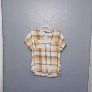 Women's Plaid Shirts Roll Up Sleeve Collared Blouse | Medium